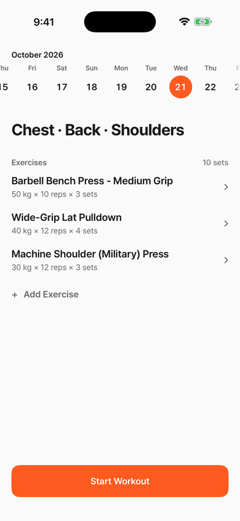 Today's Workout screen with three exercises and a Start Workout button